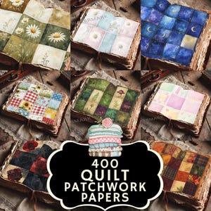 May include: A collection of open books with patchwork quilt designs. Each book features a different quilt pattern, including floral, celestial, and geometric designs. The image also includes a stack of colorful quilt squares and the text "400 QUILT PATCHWORK PAPERS."