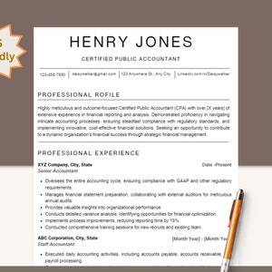 May include: A resume for Henry Jones, a Certified Public Accountant (CPA). The resume highlights his experience in financial reporting and analysis, ensuring compliance with regulatory standards. It also mentions his skills in implementing innovative, cost-effective financial solutions.