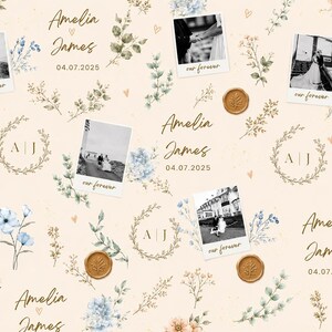 May include: A cream-colored background featuring a repeating pattern of black and white wedding photographs in polaroid frames, gold wax seals, floral illustrations in blue and green, and the text Amelia James 04.07.2025 with A J monograms.