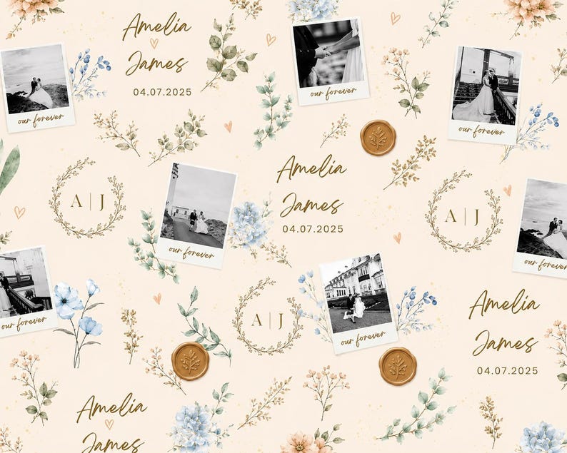 May include: A cream-colored background featuring a repeating pattern of black and white wedding photographs in polaroid frames, gold wax seals, floral illustrations in blue and green, and the text Amelia James 04.07.2025 with A J monograms.