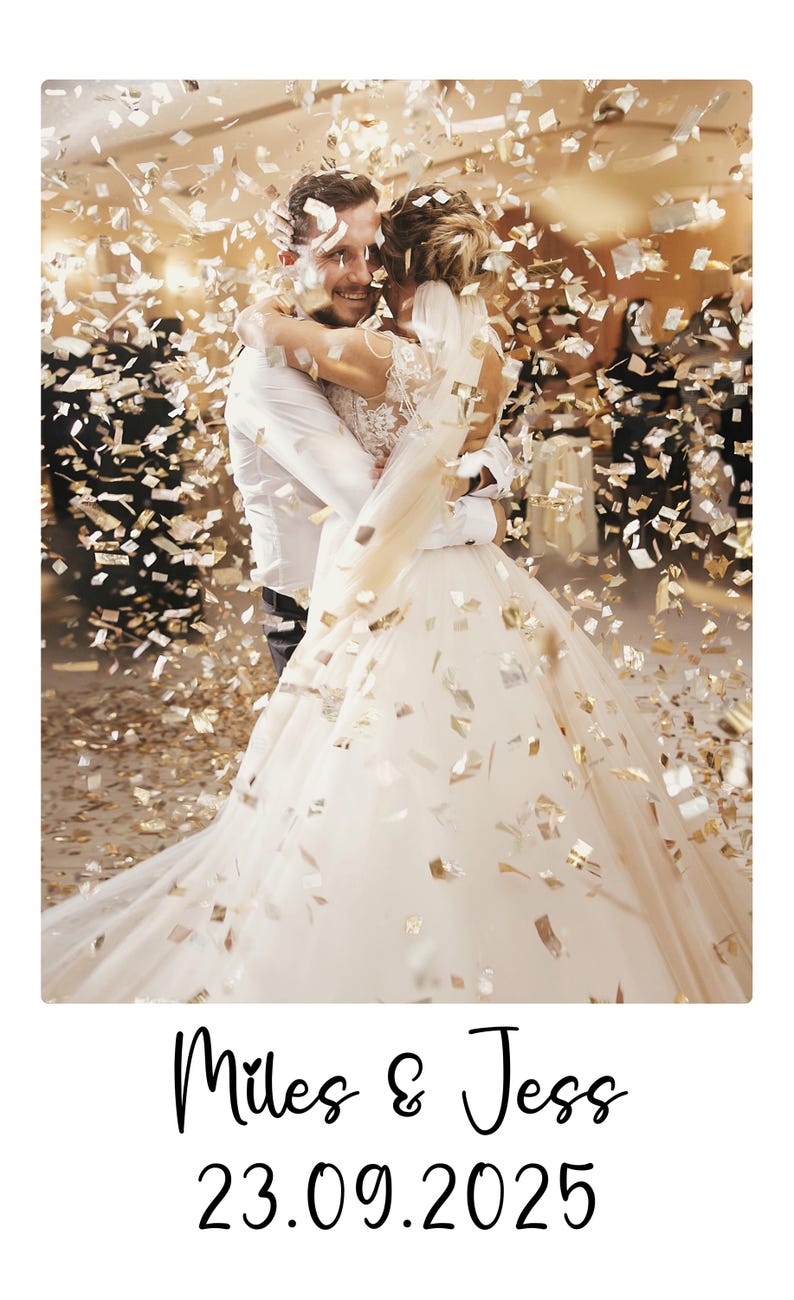 May include: A couple embracing while gold confetti falls around them. The text below reads Miles & Jess and the date 23.09.2025. The person on the left wears a white button-down shirt, and the person on the right wears a white lace wedding dress.