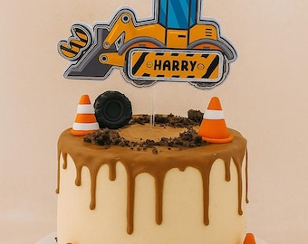 Personalised Construction Birthday Cake Topper – Custom Birthday decoration with  Name and age.