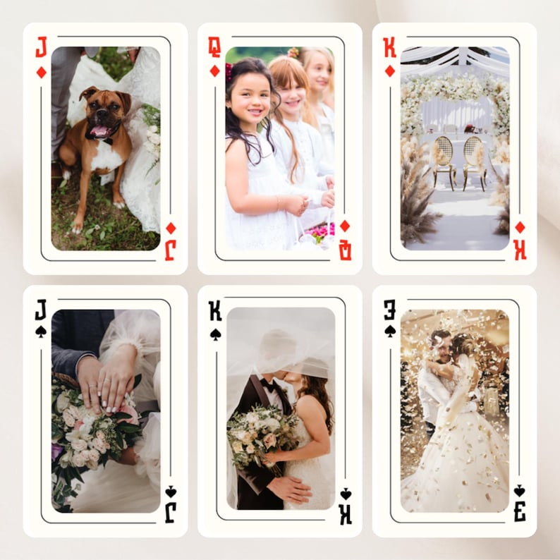 May include: A set of six custom playing cards featuring wedding-themed photographs. The cards display a boxer dog, a young girl, a decorated ceremony arch, hands with a bouquet, a couple under a veil, and a couple amidst falling confetti.