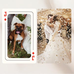 May include: A custom playing card featuring a Jack of Diamonds design. The left side shows a brown boxer dog with a black bowtie. The right side displays a photograph of a couple embracing amidst falling gold confetti during a wedding celebration.