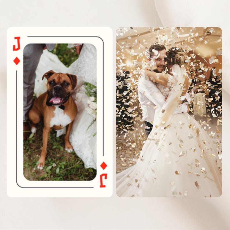 May include: A custom playing card featuring a Jack of Diamonds design. The left side shows a brown boxer dog with a black bowtie. The right side displays a photograph of a couple embracing amidst falling gold confetti during a wedding celebration.