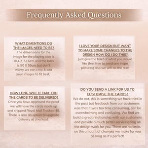 May include: A Frequently Asked Questions graphic with a light beige background. It contains four text boxes detailing card dimensions of 38.4 x 72.6cm and 90 x 55cm, design customization processes, delivery timelines via Royal Mail, and design service policies.