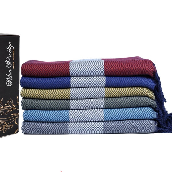 Coffret Fouta Serviette pour Plage, Bain, Hammam, Piscine, Sport, Nappe, PiqueNique 100x200cm 100% Coton Bio Handmade