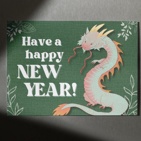 2024 Digital Happy New Year Cards Printable Instant Download | Dragon Emerald Green New Year Card