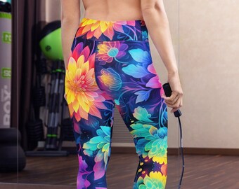 Leggings Moonflower lumineux néon arc-en-ciel floral belles fleurs avec poches mignon salle de sport femmes entraînement magnifique pantalon de yoga