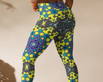 Leggings mandala Kaleido carreau abstrait géométrique jaune bleu vert noir blanc avec poche intérieure pantalon de yoga complexe pour femmes