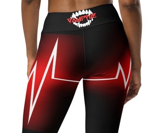 Leggings coeur vampire noir néon rouge texte graphique ligne de battement de coeur crocs dents morsure de monstre Halloween effrayant effrayant femmes poche pantalon de yoga