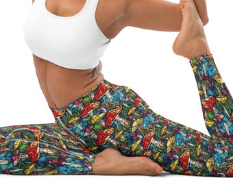 Leggings mosaïque champignon, vitrail, poche intérieure, multicolore, beau, mignon, extensible, résistant aux accroupissements, opaque, doux, gymnase, entraînement, pantalon yoga