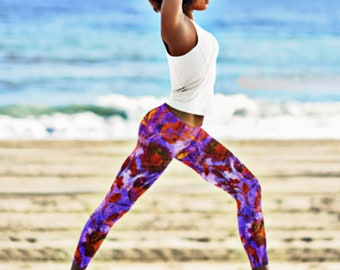 Indigo Blumen Leggings Lila Orange Ombre Farbverlauf Schöne Athleisure Innentaschen Fitnessstudio Workout Active Yoga Hosen