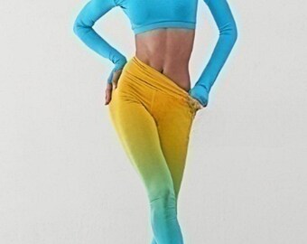 Gelb Blau Ombre Leggings Helle Bunte Farbverlauf Mischung Innentasche Dip Gefärbt Gym Workout Yoga Hosen