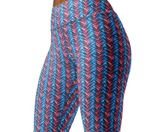 Leggings à rayures à chevrons, rayures verticales roses et bleues, impression de fil imitation tricot, poche intérieure, entraînement vibrant mignon, leggings de yoga extensibles pour femmes