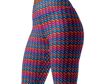 Leggings à rayures en zigzag rose orange bleu faux fil tricoté imprimé géométrique mignon confortable extensible cool entraînement de gymnastique femmes poche intérieure pantalon de yoga