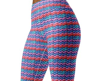 Leggings pastel en zigzag rose bleu violet rayé faux fil tricoté imprimé rayures géométriques extensible doux mignon gymnase avec poches entraînement femmes pantalons
