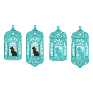 May include: Four turquoise blue birdcages with black silhouettes of cats inside. Each cage has a decorative design and a red bow on the cat's neck.