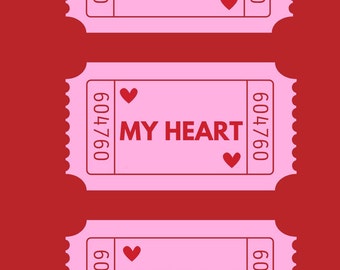 Valentines Day Card, Ticket to My Heart Card, My Heart, Valentine party decor, Cute Pink Red Prints Digital Downloads Card