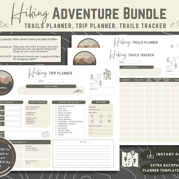 Digital Hiking Adventure Planner & Tracker Bundle - Hiking Planner, Hiking Gifts, Hiking Journal, Hiking Notebook, Log, Tracker, Backpacking