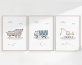 Set of 3 construction vehicle wall print affirmation, boy room decor truck art, watercolor nursery digital print