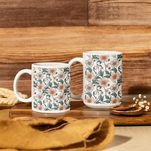 Vintage Floral Pattern Ceramic Mug, Rustic Flower Coffee Cup, Botanical Tea Mug, Farmhouse Kitchen Decor, Gardener Gift, Mothers Day Mug
