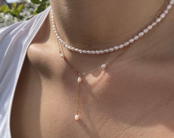 Handgemachte Perlenkette | Süßwasserperlen, Gold/ Silber Edelstahl, Y Halskette, Sommer Choker Minimalist Braut schmuck Anhänger