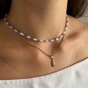 collar de perlas de colores | Collar colorido hecho a mano azul blanco | Oro y plata a prueba de agua | Collar de cuentas de verano multicolor, cuentas de vidrio de colores
