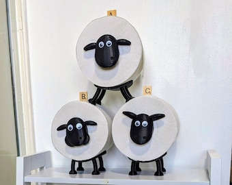 SET of THREE Shane Shelly & Tommy funny happy flock of black sheep toilet roll holder complete head and bases 37mm to 47 mm diameter tubes.