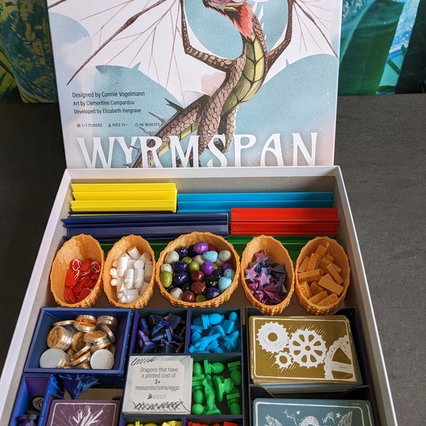 Wyrmspan Box organiser, custom resources, Game card dispensors, holders , complete playing pieces with Dragon egg containers coins & tokens