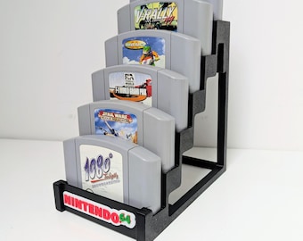 Soporte retro para cartuchos de juegos de Nintendo 64 / Capacidad para 5 títulos de N64 / Exhibidor impreso en 3D con panel con el logotipo de Nintendo / Regalo de coleccionista