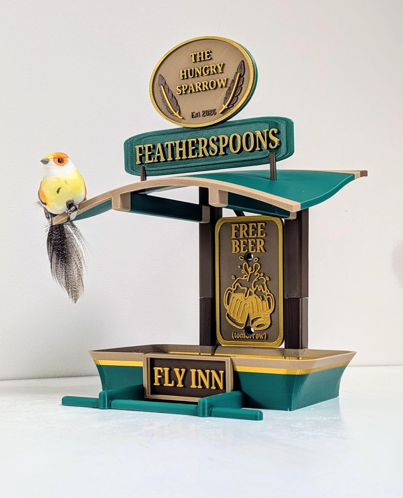 Listing photo: Featherspoons Fly INN – Custom name Bird Feeder – Personalised 3D Printed Pub Style Feeder – Quirky Garden Gift