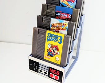 Retro NES Spiel Patrone Stand | Hält 5 klassische Titel | 3D gedrucktes Display mit Controller & Nintendo Panels | Sammler Geschenk