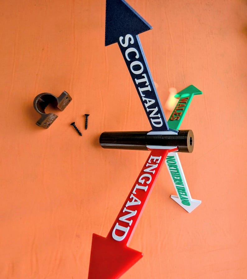 May include: A directional signpost featuring four coloured arrows pointing in different directions. The arrows are labelled SCOTLAND in blue, WALES in green, ENGLAND in red, and NORTHERN IRELAND in green. Includes a brown mounting bracket and two screws.