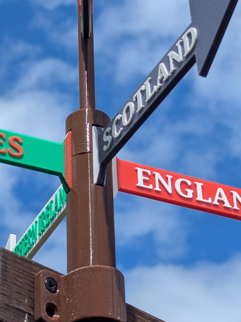 May include: A brown vertical post featuring multiple directional arrow signs pointing in different directions. The signs are coloured red, green, and grey, with white text reading Scotland, England, and Wales clearly visible on the directional markers.