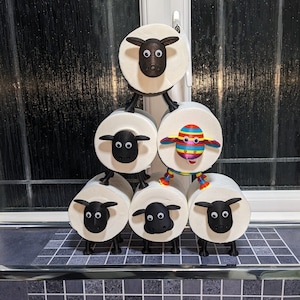 Universal fitting Sheep toilet roll holders , Shane, Shelly, Tommy and Ewe- Anne Black and rainbow coloured flock