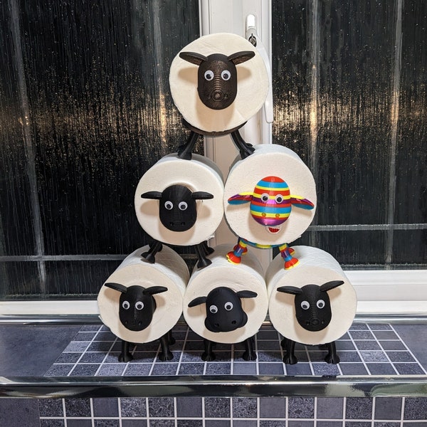 Universal fitting Sheep toilet roll holders , Shane, Shelly, Tommy and Ewe- Anne Black and rainbow coloured flock