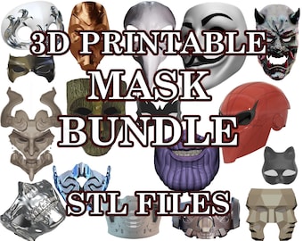 May include: A collection of 3D printable mask designs. The image shows a variety of masks, including a skull, a demon, a cat, and a superhero. The text "3D Printable Mask Bundle STL Files" is displayed in the center of the image.