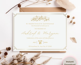 Arabic wedding Invitation Islamic marriage contract Template Muslim Wedding Nikkah Party Card Invitation Golden Wedding Arabic Calligraphy