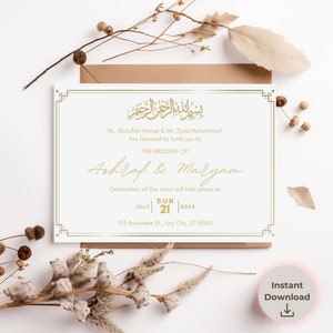 Arabic wedding Invitation Islamic marriage contract Template Muslim Wedding Nikkah Party Card Invitation Golden Wedding Arabic Calligraphy