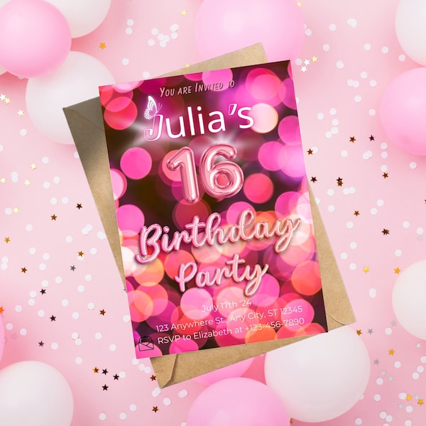 Birthday Party Invitation Template Teen Sweet 16th Teenager PArty Favor Editable Card Template Print at Home Invites girls Party Idea pink