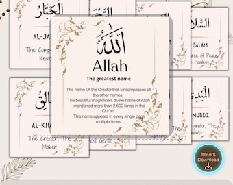 Tarjetas didácticas de los 99 nombres de Alá - Recursos de aprendizaje islámico (descarga digital)