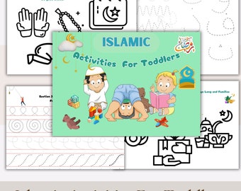 Könnte beinhalten: Ein Satz islamischer Aktivitätsseiten für Kleinkinder. Die Seiten bieten eine Vielzahl von Aktivitäten, darunter Nachzeichnen, Ausmalen und Zuordnen. Die Seiten sollen Kleinkindern helfen, islamische Werte und Traditionen kennenzulernen. Die Seiten sind mit bunten Bildern von Kindern, Tieren und Gegenständen illustriert.