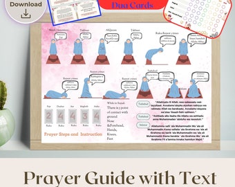 Póster de la guía de oración Salah: instrucciones paso a paso, descarga digital, recursos islámicos para principiantes, pasos de oración musulmana para conversos al Islam.