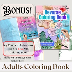 May include: A colourful reverse colouring book with a floral design. The book cover features a hand holding a pen, and the text "Reverse Colouring Book" is printed in large, bold letters. The book is advertised as a bonus item when purchasing a larger colouring book. The text "Buy Reverse colouring book Receive Free Mini Colouring Book" is printed on the image.