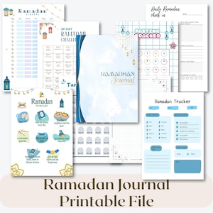 Puede incluir: Una colección de páginas imprimibles del diario de Ramadán con un esquema de color azul claro y blanco. Las páginas incluyen un registro diario, un rastreador de ayuno y un rastreador de Ramadán. El texto "Ramadan Journal Printable File" está en la parte inferior.