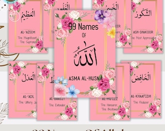 Tarjetas didácticas de los 99 nombres de Alá: Recursos de aprendizaje islámico para niños y conversos (PDF digital)