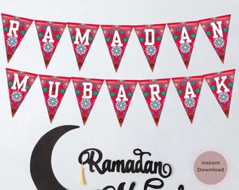 Banderines decorativos para Ramadán, banderines con patrón tradicional rojo y azul para festivales, decoración para Ramadán Mubarak, patrón islámico PDF