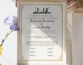 Certificado de contrato de Nikkah islámico / Acuerdo matrimonial musulmán (digital)