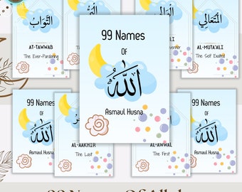 Tarjetas didácticas de Asmaul Husna: 99 nombres de Alá, decoración de guardería islámica (descarga digital)